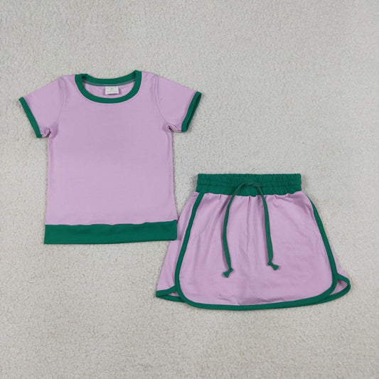 GSD3672 Pink Green Patchwork Short Sleeve Top with Skirts for Girls Cotton Sets 202604 RTS