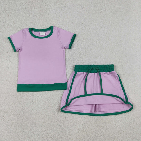 GSD3672 Pink Green Patchwork Short Sleeve Top with Skirts for Girls Cotton Sets 202604 RTS