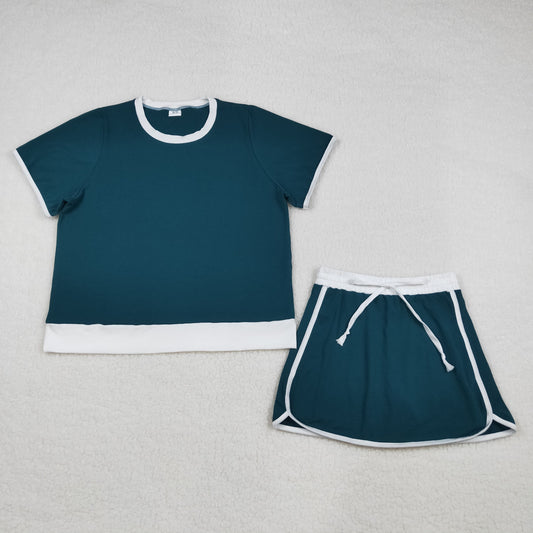 GSD3673 Adult Female Dark Green White Patchwork Short Sleeve Top with Skirts Cotton Sets 202603 RTS