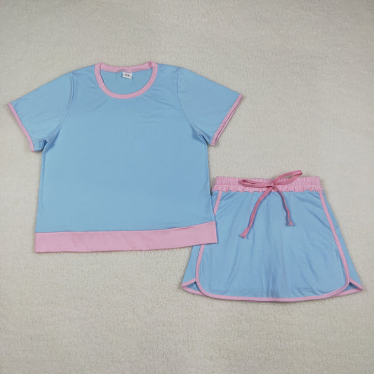 GSD3674 Adult Female Blue Pink Patchwork Short Sleeve Top with Skirts Cotton Sets 202603 RTS