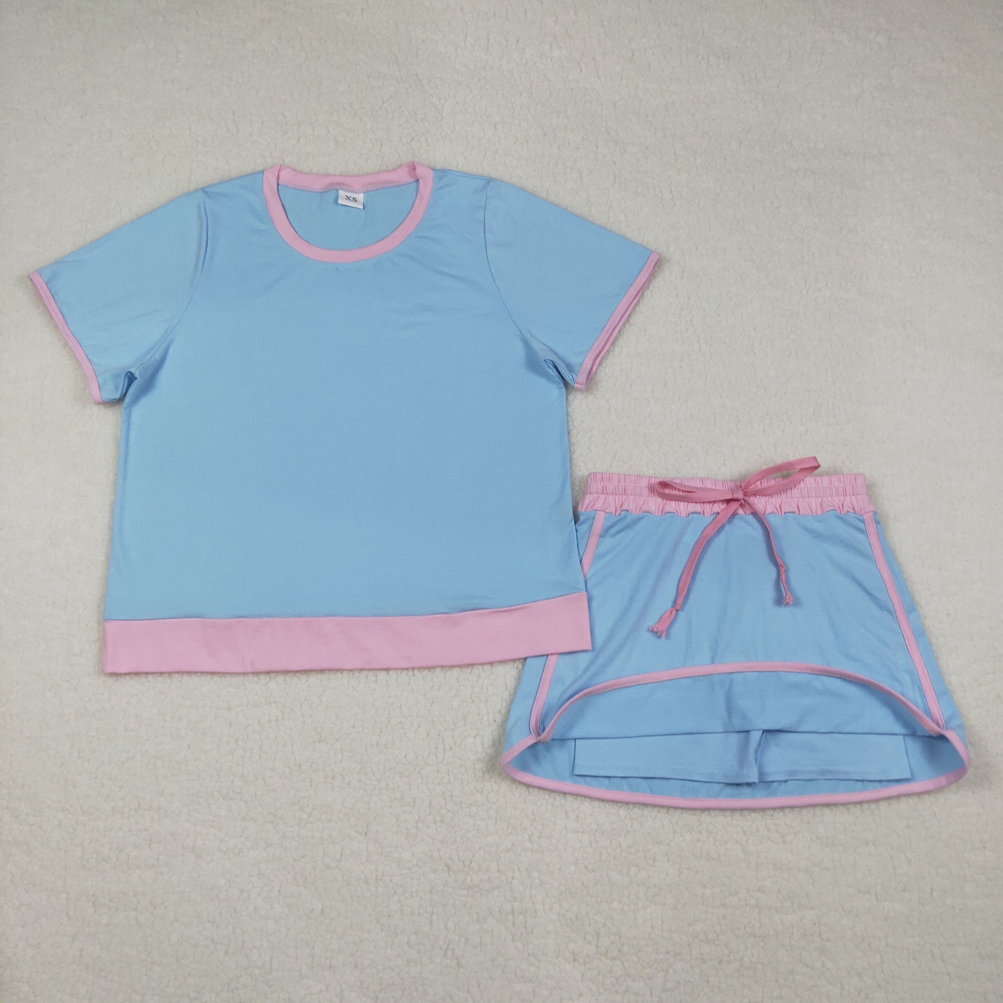 GSD3674 Adult Female Blue Pink Patchwork Short Sleeve Top with Skirts Cotton Sets 202603 RTS