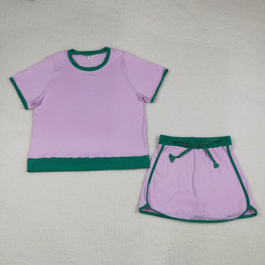 GSD3675 Adult Female Pink Green Patchwork Short Sleeve Top with Skirts Cotton Sets 202604 RTS