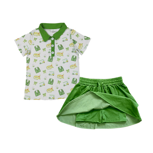 MOQ 5 PCS Preorder GSD3676 Golf Pattern Green Polo Shirts with Shorts Skirts for Girls Sets 202601