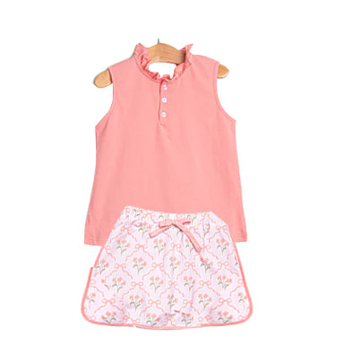 MOQ 5 PCS Preorder GSD3677 Solid Pink Ruffle Polo Sleeveless Top with Flower Bows Skirts for Girls Sets 202601