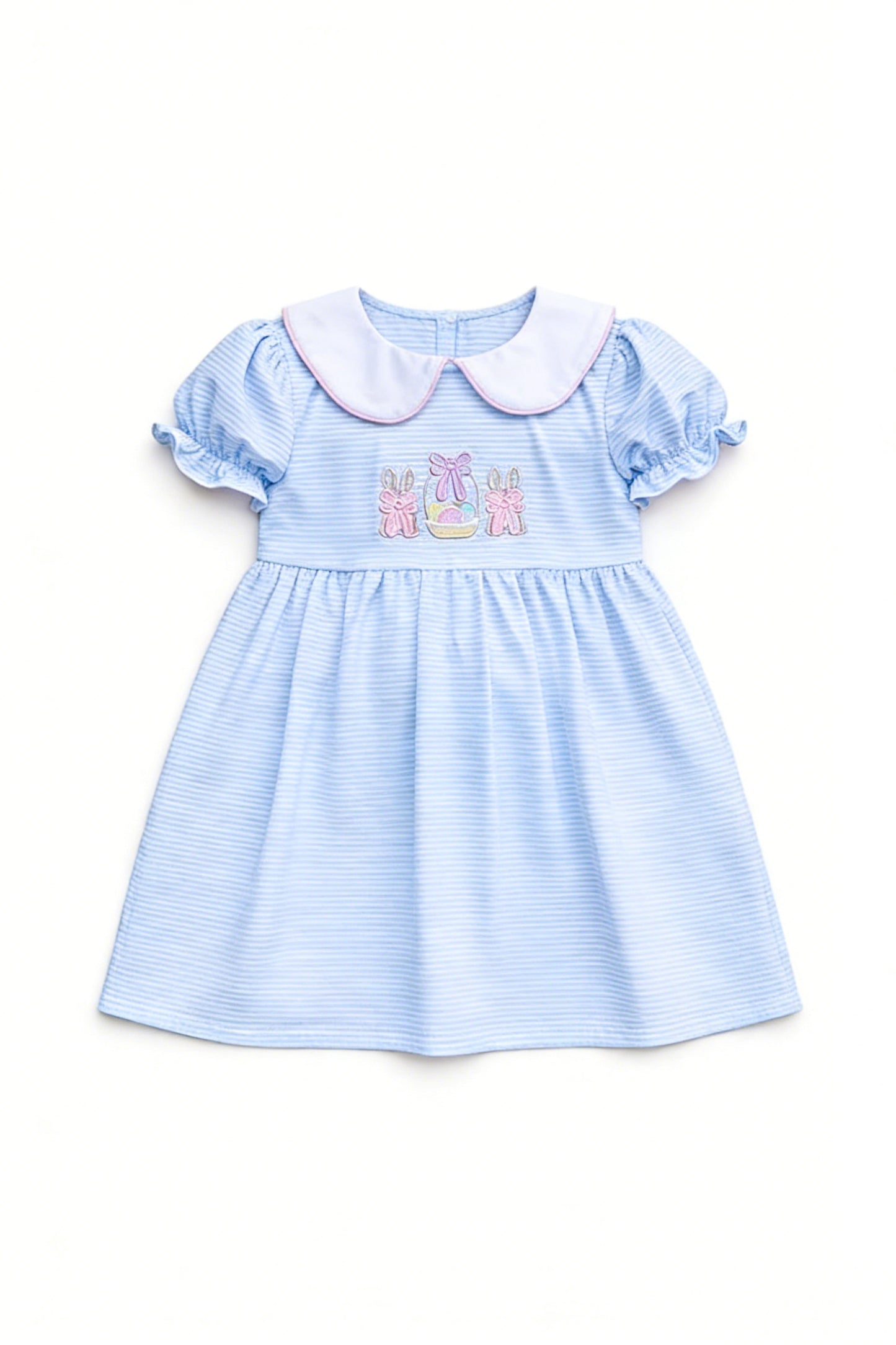 MOQ 5 PCS Preorder GSD3680 Easter Bunny Bows Doll Collar Blue Stripe Short Sleeve Dresses for Girls 202601