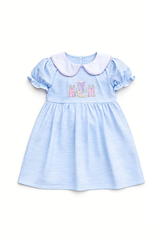 MOQ 5 PCS Preorder GSD3680 Easter Bunny Bows Doll Collar Blue Stripe Short Sleeve Dresses for Girls 202601