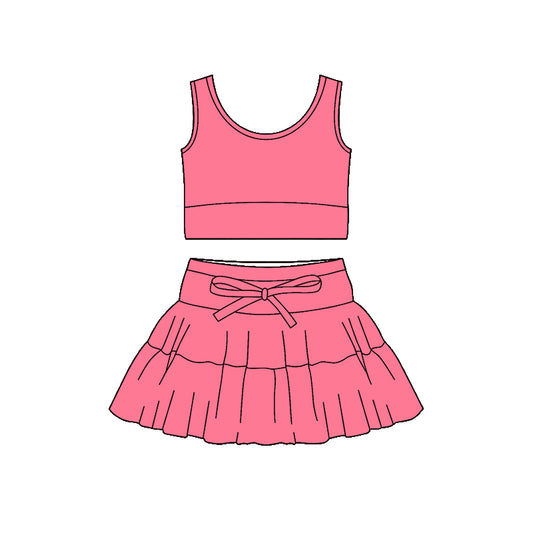 MOQ 5 PCS preorder GSD3682 Solid Pink Red Sleeveless Top with Skirts for Girls Yoga Sets 202601