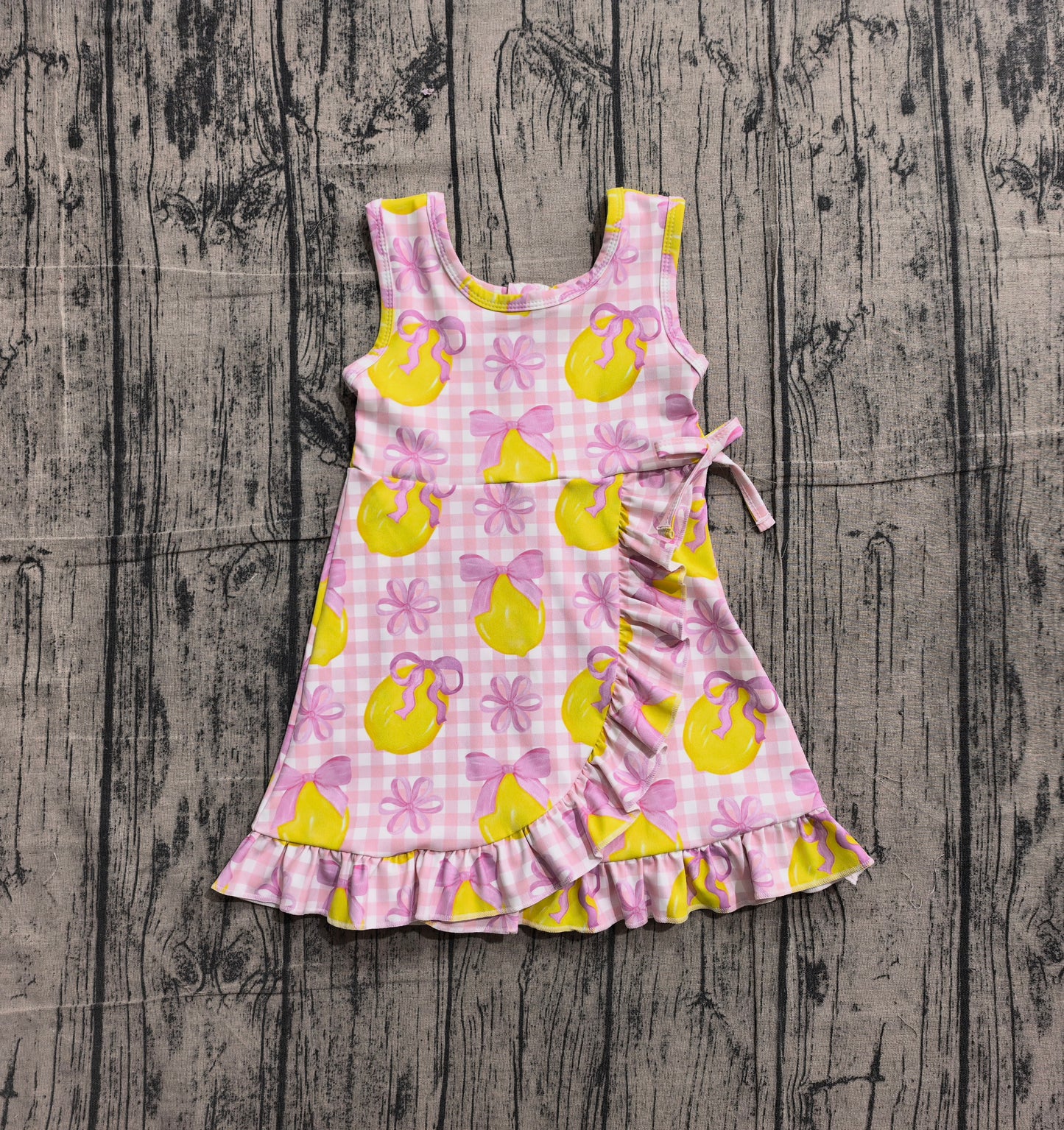 NO MOQ Preorder GSD3683 Lemon Pink Bows Plaid Ruffle Sleeveless Yoga Dresses for Girls 202602