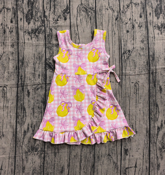 NO MOQ Preorder GSD3683 Lemon Pink Bows Plaid Ruffle Sleeveless Yoga Dresses for Girls 202602