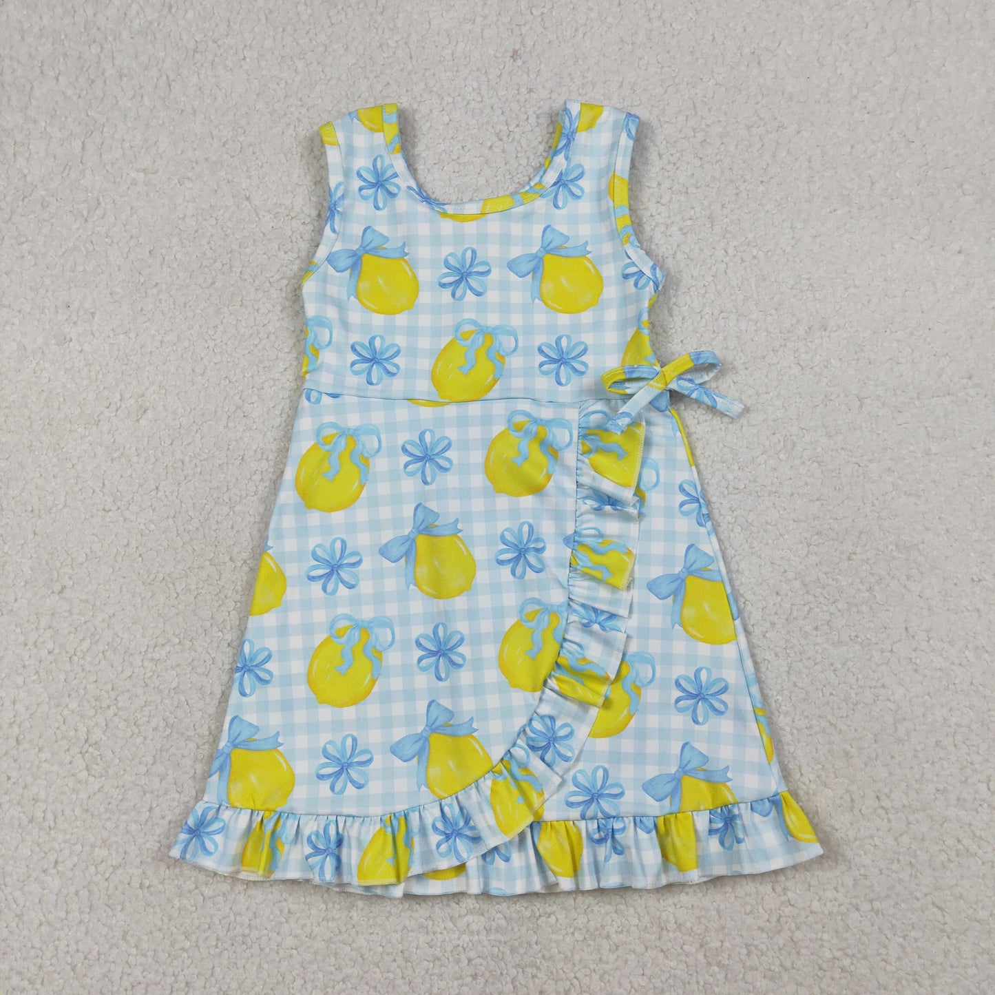 GSD3684 Lemon Blue Bows Plaid Ruffle Sleeveless Yoga Dresses for Girls 202603 RTS