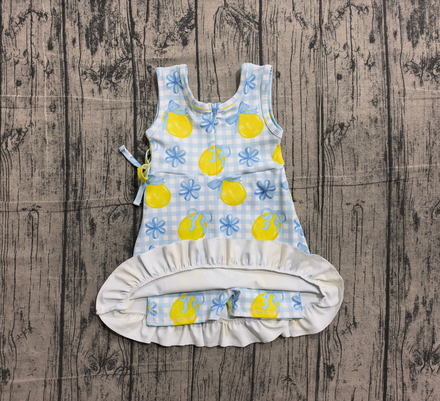 NO MOQ Preorder GSD3684 Lemon Blue Bows Plaid Ruffle Sleeveless Yoga Dresses for Girls 202602