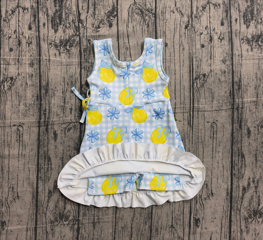 NO MOQ Preorder GSD3684 Lemon Blue Bows Plaid Ruffle Sleeveless Yoga Dresses for Girls 202602