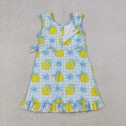 GSD3684 Lemon Blue Bows Plaid Ruffle Sleeveless Yoga Dresses for Girls 202603 RTS