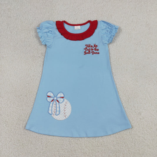 GSD3685 Embroidered Baseball Bow Red Ruffle Blue Short Sleeve Dresses for Girls 202604 RTS