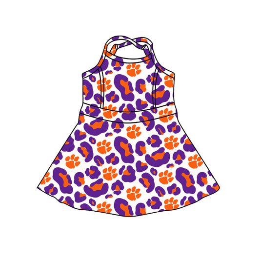 MOQ 5 PCS preorder GSD3687 GO TEAM Paw Print Orange Purple Leopard Sleeveless Dresses for Girls 202601