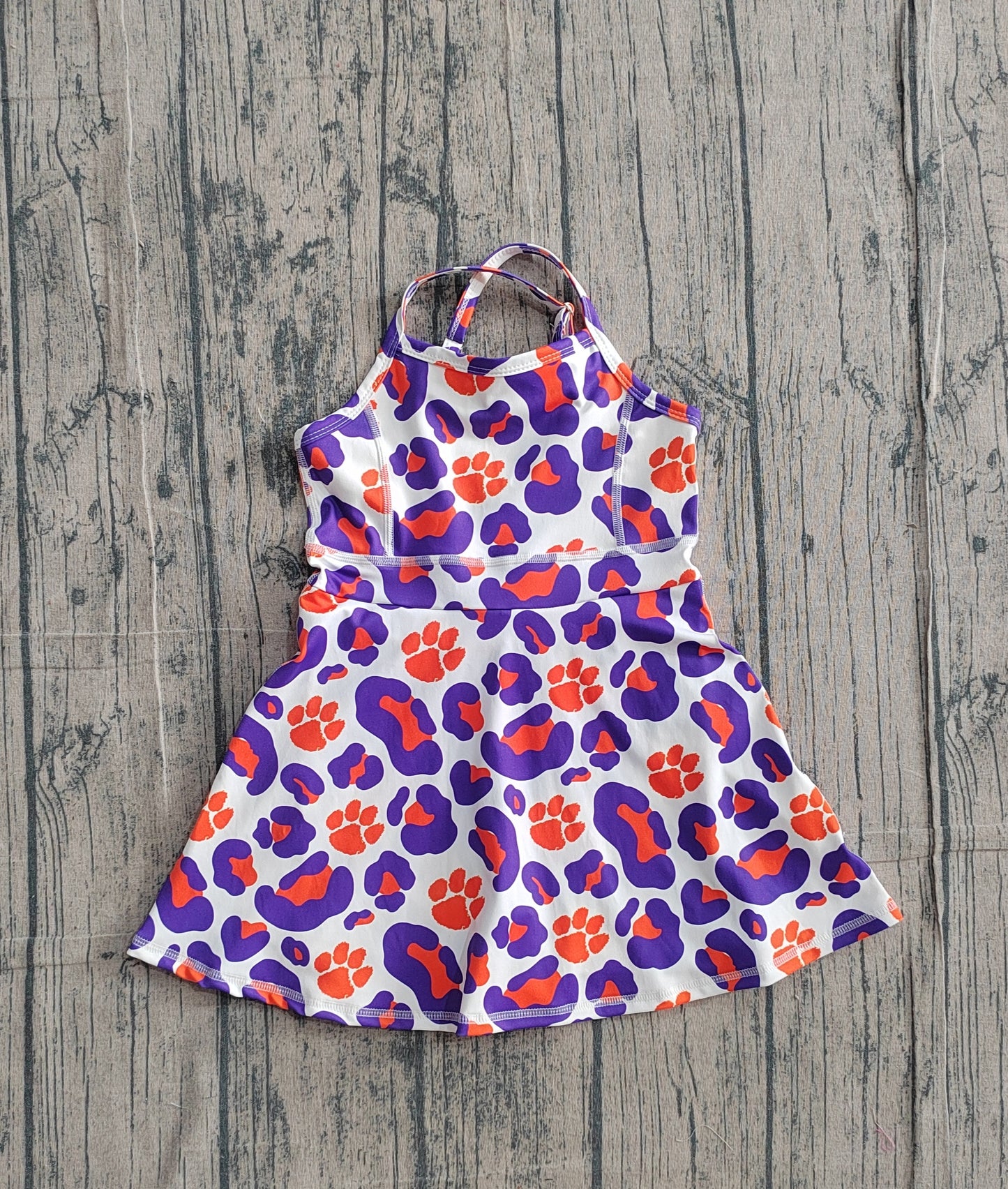 NO MOQ preorder GSD3687 GO TEAM Paw Print Orange Purple Leopard Sleeveless Dresses for Girls 202602
