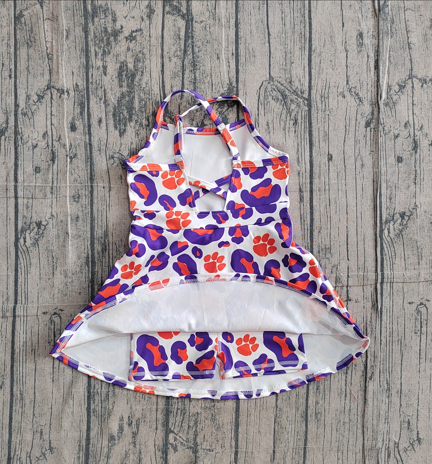 NO MOQ preorder GSD3687 GO TEAM Paw Print Orange Purple Leopard Sleeveless Dresses for Girls 202602