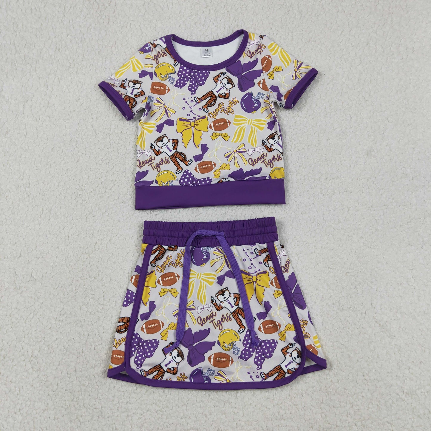 GSD3695 GO TEAM Tiger Rugby Yellow and Purple Bow Short Sleeve Top with Skirts for Girls Yoga Sets 202604 RTS