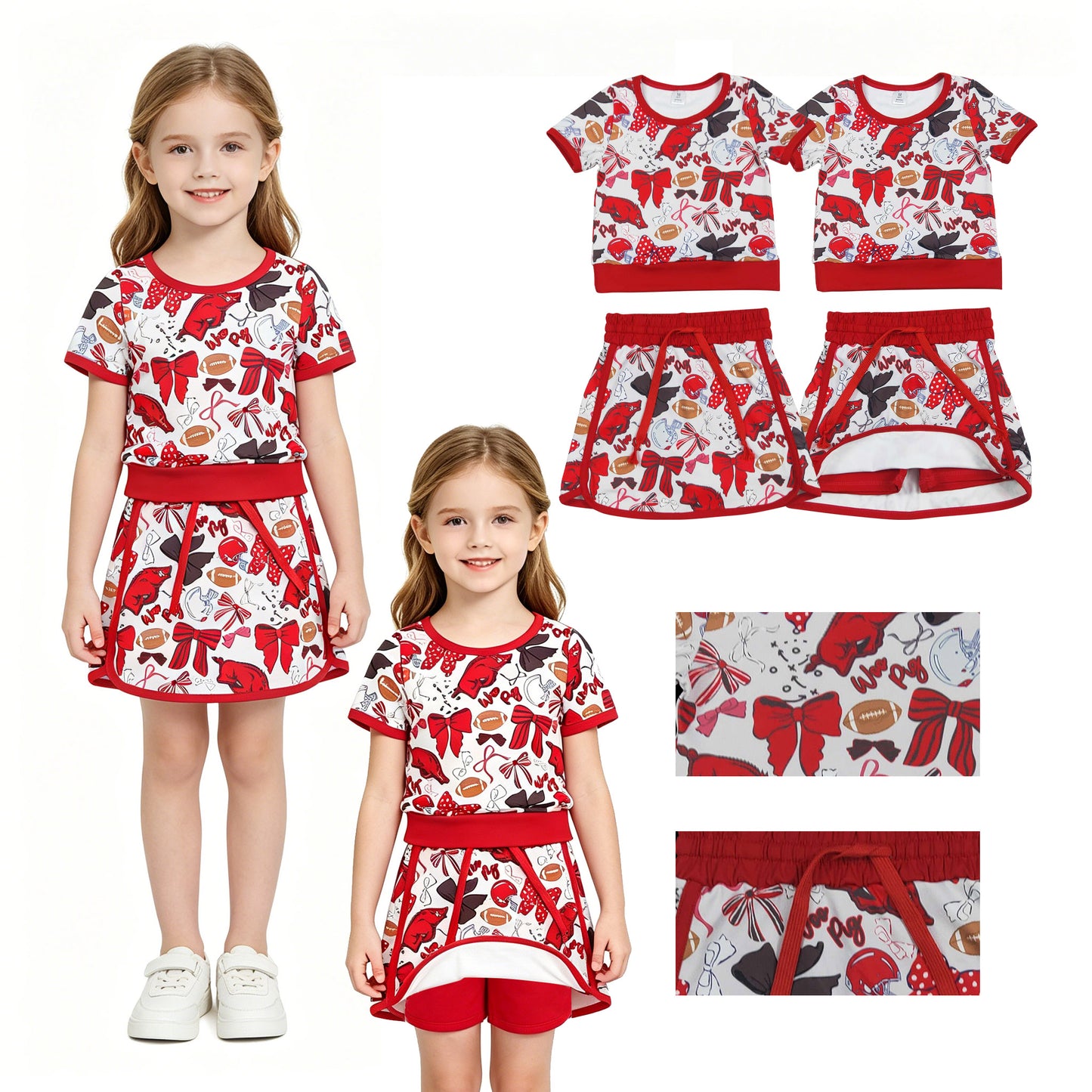 GSD3696 GO TEAM Wild Boars Football Red Bow Short Sleeve Top with Skirts for Girls Yoga Sets 202604 RTS