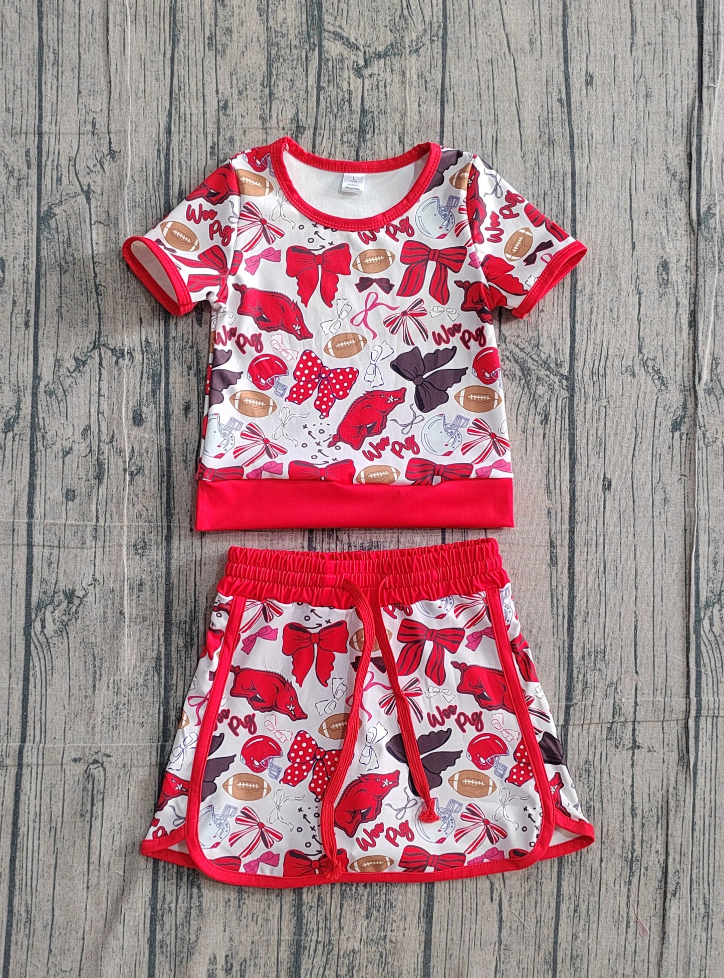 NO MOQ preorder GSD3696 GO TEAM Wild Boars Football Red Bow Short Sleeve Top with Skirts for Girls Yoga Sets 202602