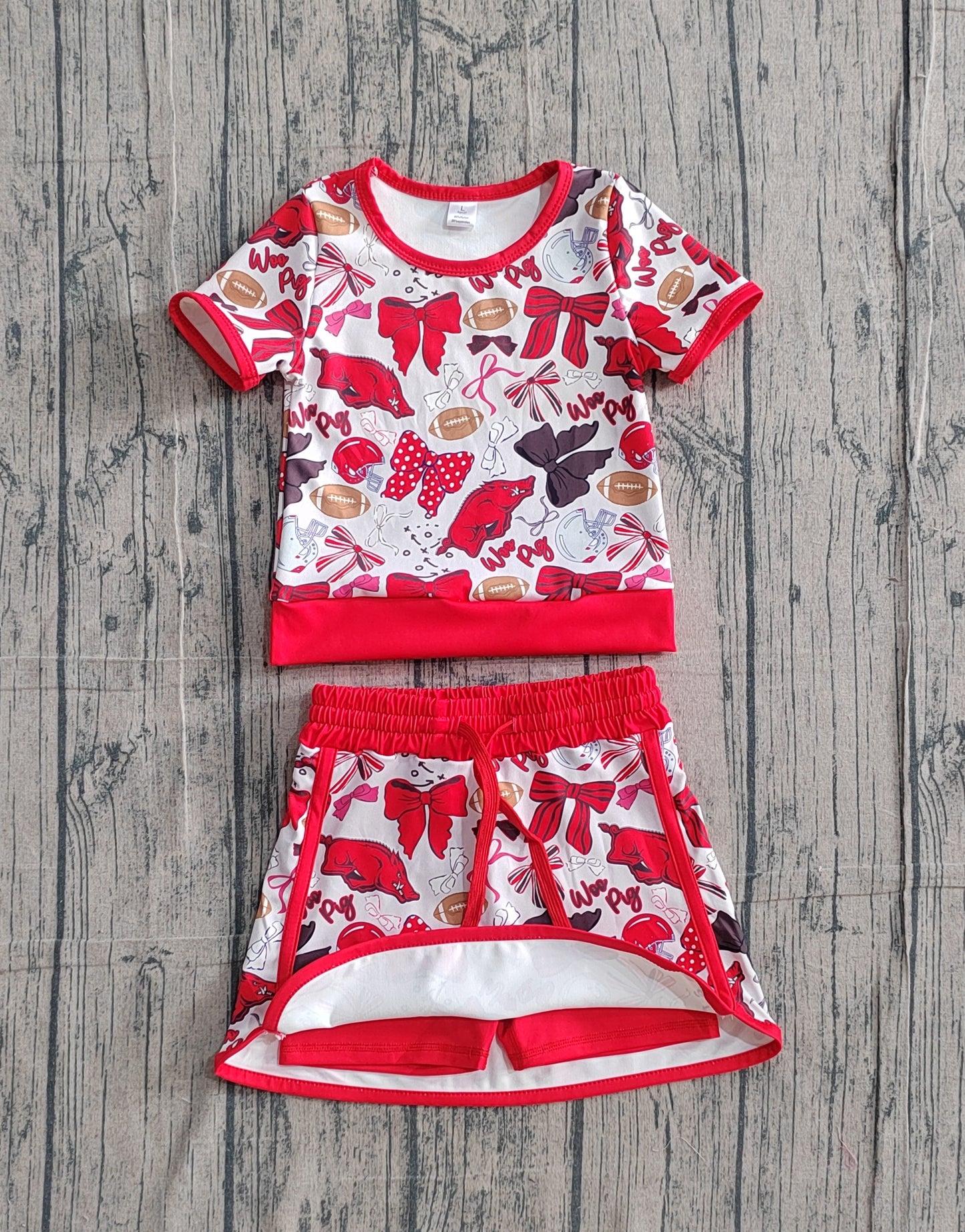 NO MOQ preorder GSD3696 GO TEAM Wild Boars Football Red Bow Short Sleeve Top with Skirts for Girls Yoga Sets 202602