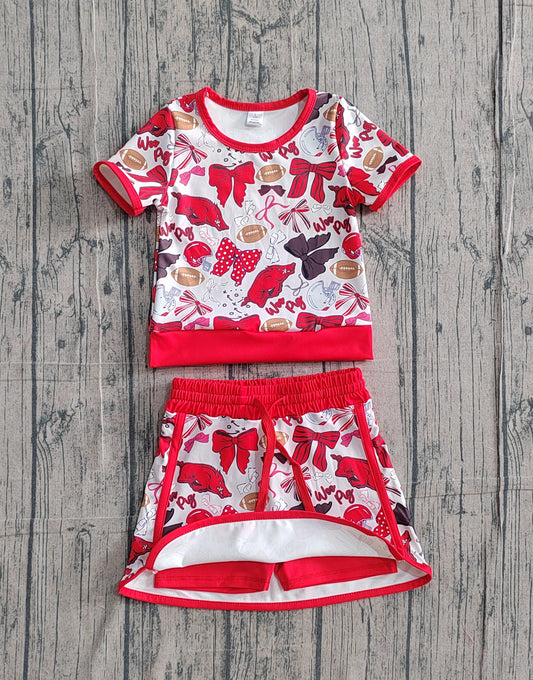 NO MOQ preorder GSD3696 GO TEAM Wild Boars Football Red Bow Short Sleeve Top with Skirts for Girls Yoga Sets 202602