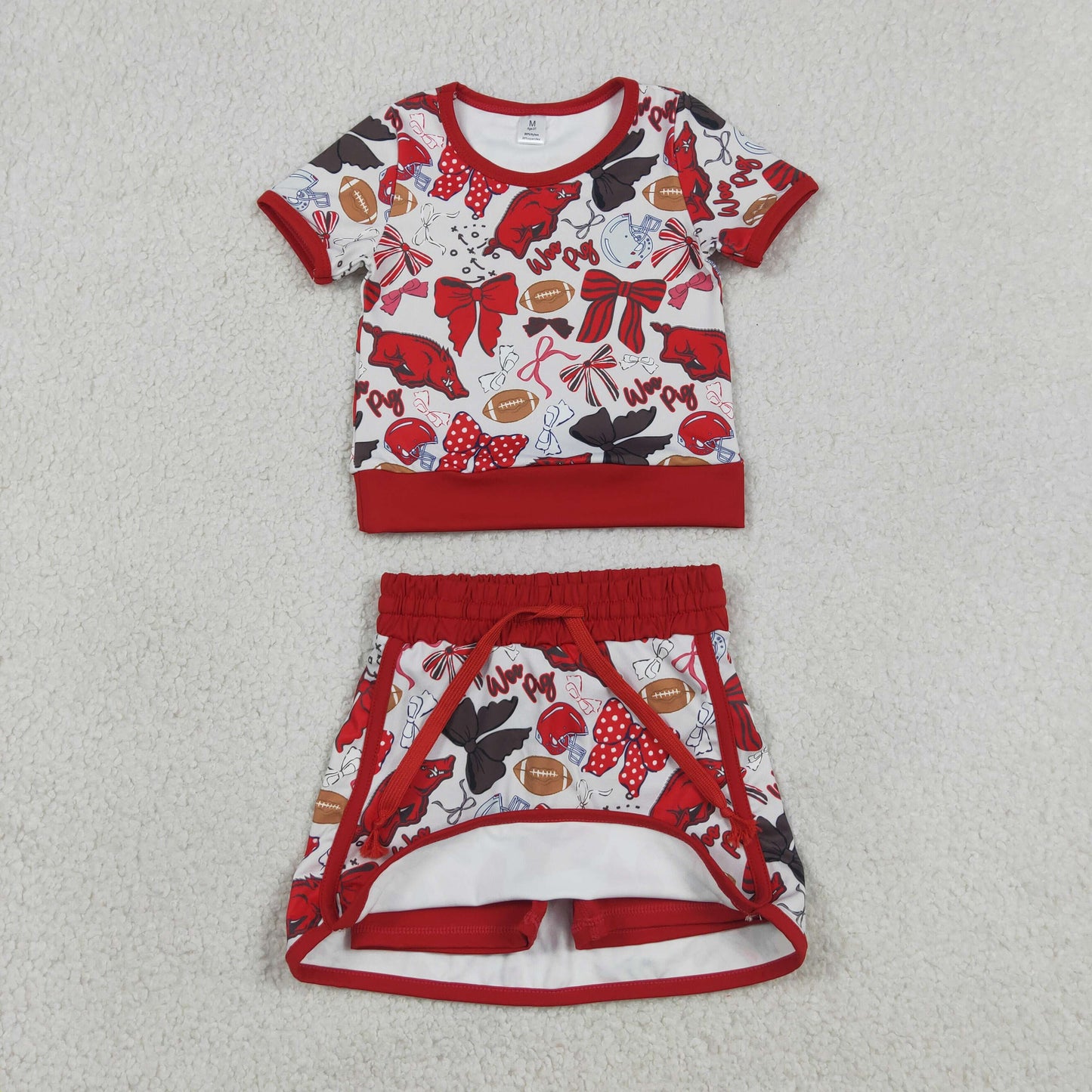 GSD3696 GO TEAM Wild Boars Football Red Bow Short Sleeve Top with Skirts for Girls Yoga Sets 202604 RTS