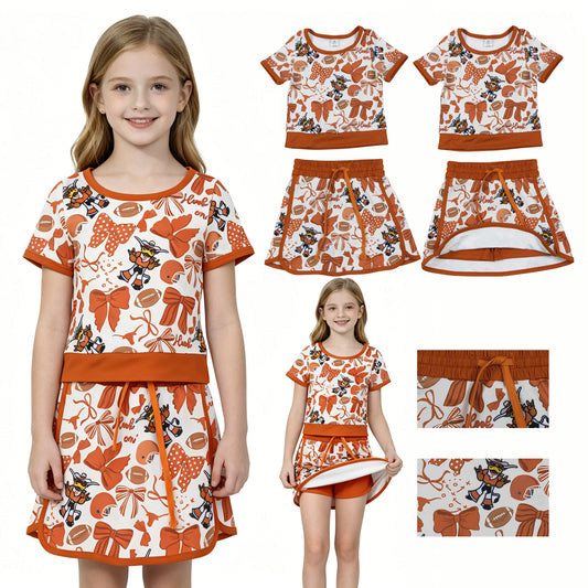 GSD3697 GO TEAM Bull Rugby Brown Bow Short Sleeve Top with Skirts for Girls Yoga Sets 202604 RTS