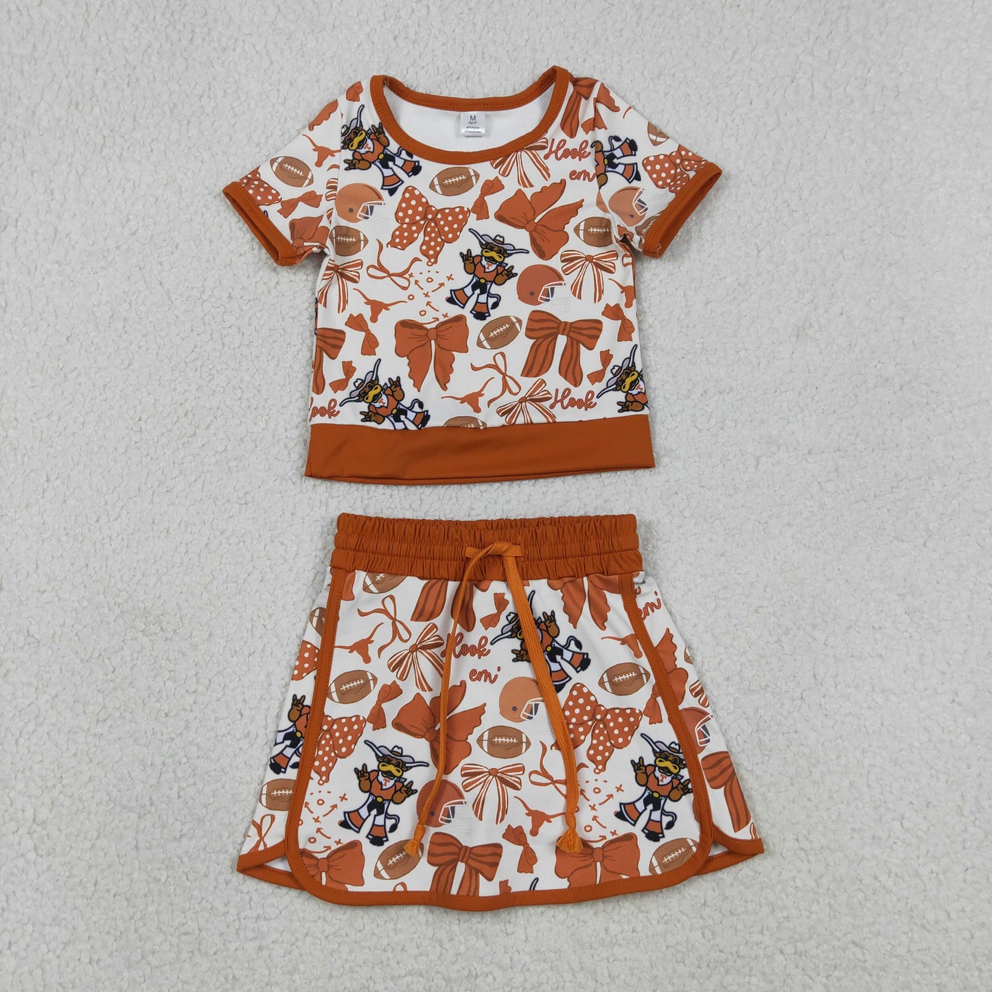 GSD3697 GO TEAM Bull Rugby Brown Bow Short Sleeve Top with Skirts for Girls Yoga Sets 202604 RTS