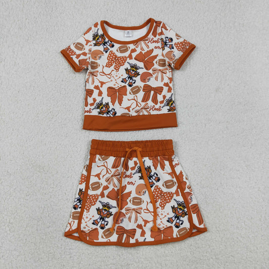 GSD3697 GO TEAM Bull Rugby Brown Bow Short Sleeve Top with Skirts for Girls Yoga Sets 202604 RTS