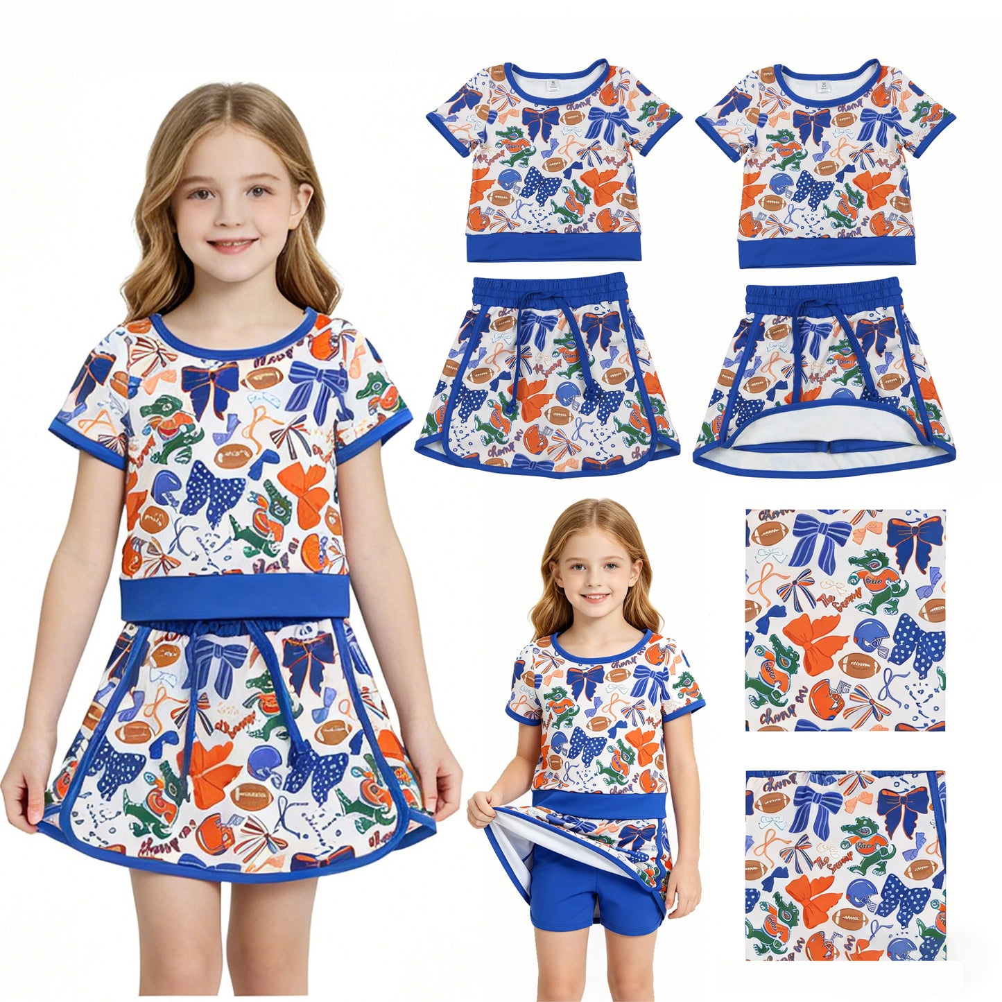 GSD3698 GO TEAM Crocodile Football Orange Purple Bow Short Sleeve Top with Skirts for Girls Yoga Sets 202604 RTS