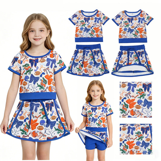 GSD3698 GO TEAM Crocodile Football Orange Purple Bow Short Sleeve Top with Skirts for Girls Yoga Sets 202604 RTS