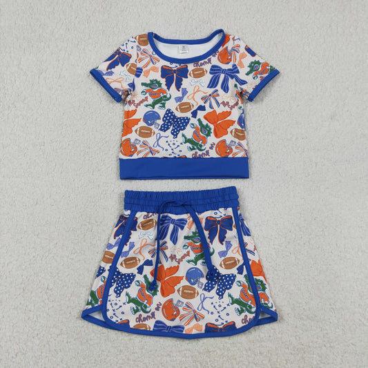 GSD3698 GO TEAM Crocodile Football Orange Purple Bow Short Sleeve Top with Skirts for Girls Yoga Sets 202604 RTS
