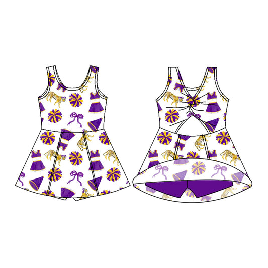 MOQ 5 PCS preorder GSD3700 GO TEAM Tiger Yellow and Purple Trumpet Bow White Yoga Sleeveless Dresses for Girls 202601