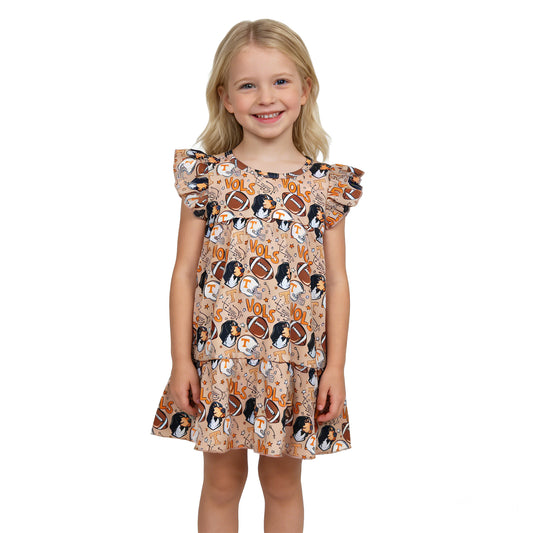GSD3703 GO TEAM Vols Puppy Rugby Ruffle Brown Flying Sleeve Dresses for Girls 202603 RTS