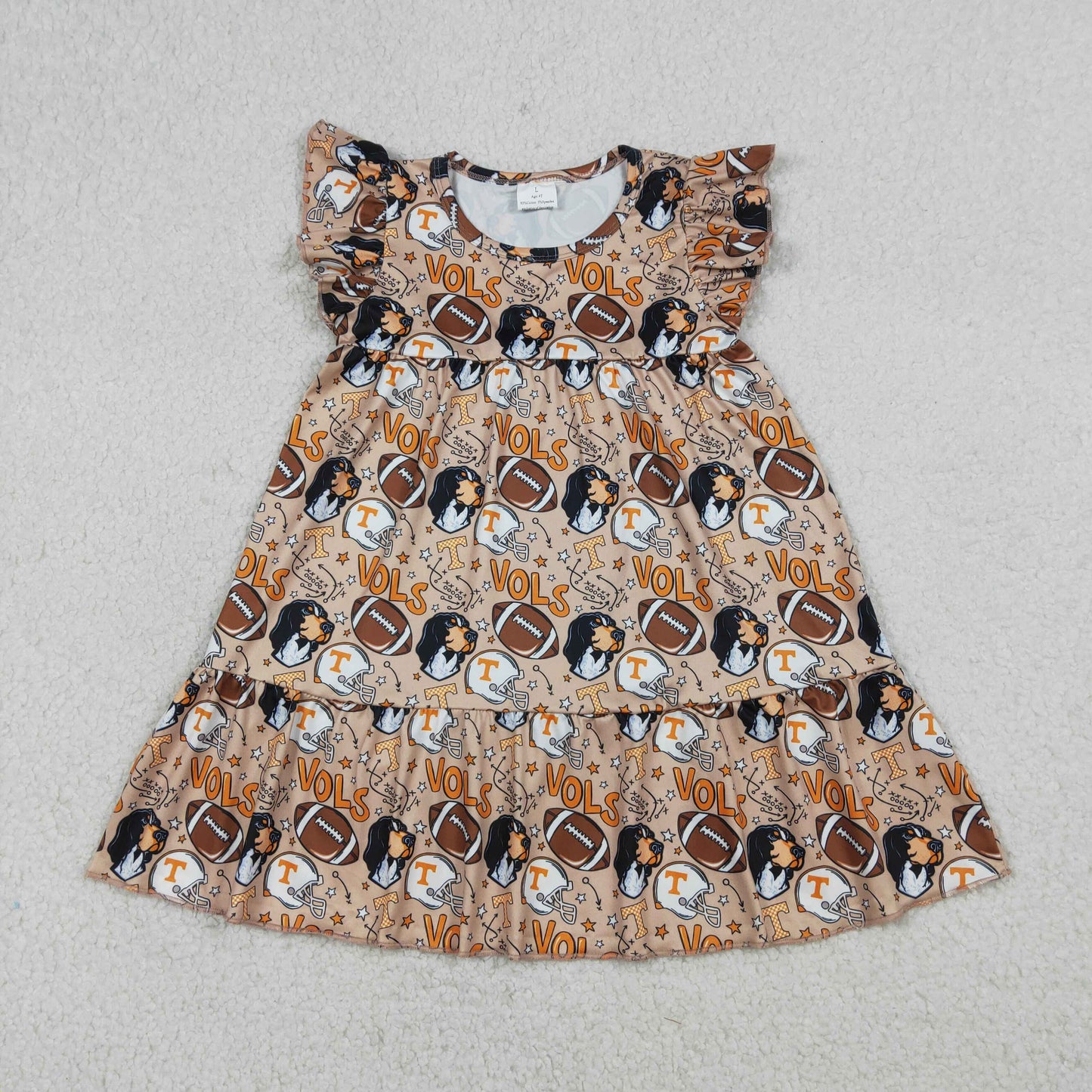 GSD3703 GO TEAM Vols Puppy Rugby Ruffle Brown Flying Sleeve Dresses for Girls 202603 RTS