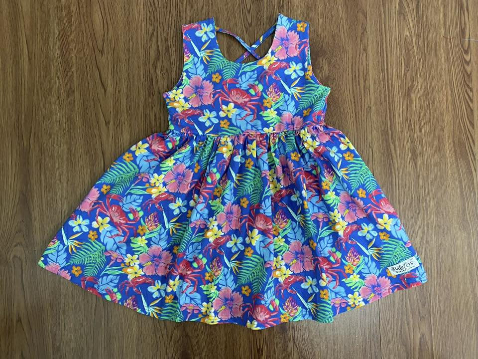MOQ 5 PCS preorder GSD3714 Crab Flower Leaf Blue Short Sleeve Dresses for Girls 202601
