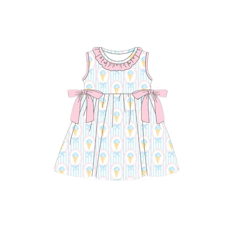 MOQ 5 PCS preorder GSD3718 Ice Cream Bows Stripe Pink Ruffle Sleeveless Dresses for Girls 202601