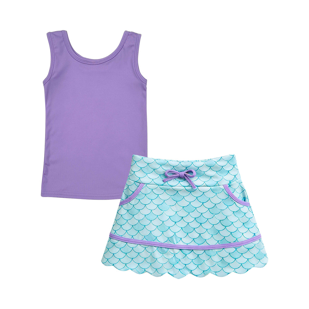 MOQ 5 preorder GSD3719 Solid Purple Sleeveless Top with Fish Scale Pattern Skirts for Girls Yoga Sets 202601