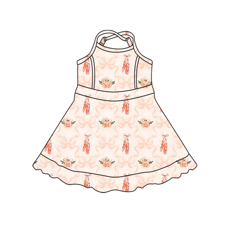 MOQ 5 PCS preorder GSD3720 Ballet Shoes Flower Bow Pattern Halter Yoga Dresses for Girls 202601