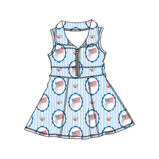 MOQ 5 PCS preorder GSD3721 4th of July Flag Bows Blue Zip Collar Sleeveless Yoga Dresses for Girls 202601