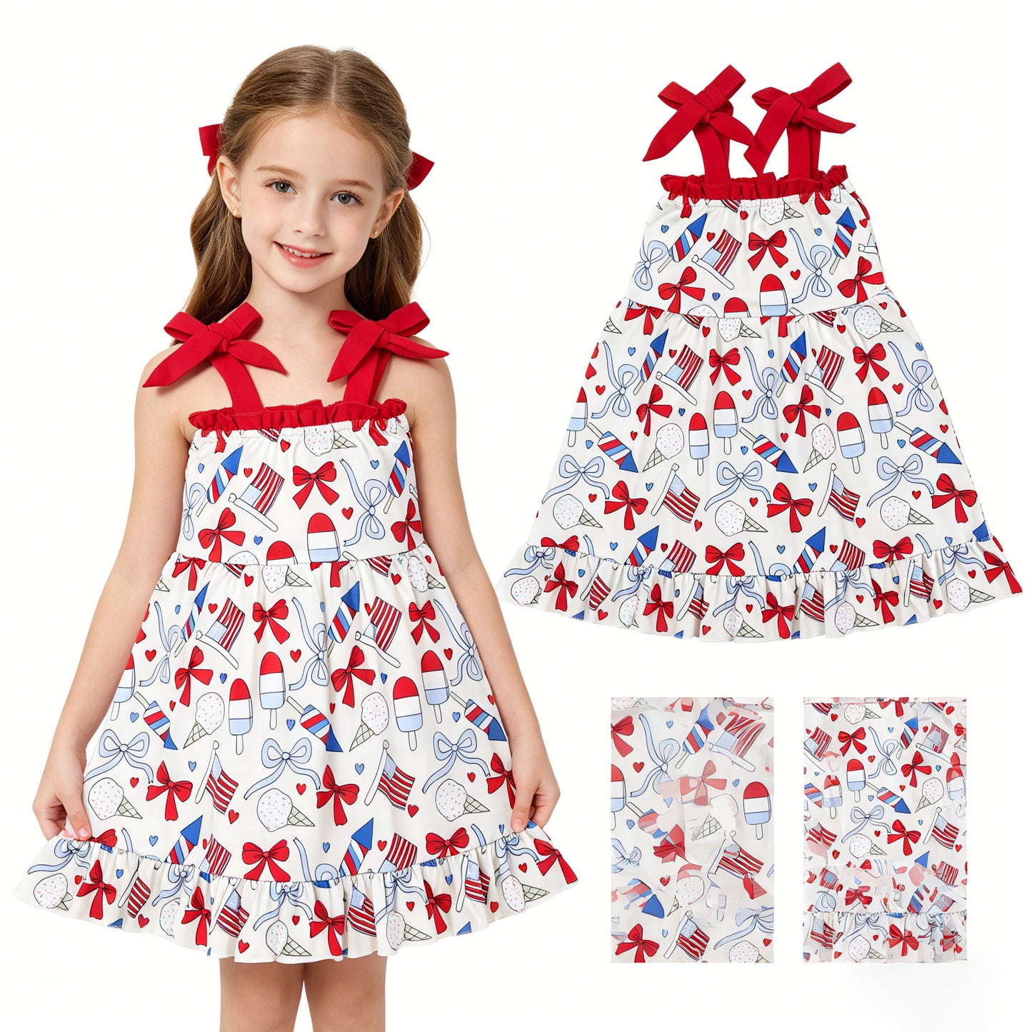 GSD3723 4th of July Ice Cream Flag Bows Red Ruffle Sleeveless Dresses for Girls 202604 RTS