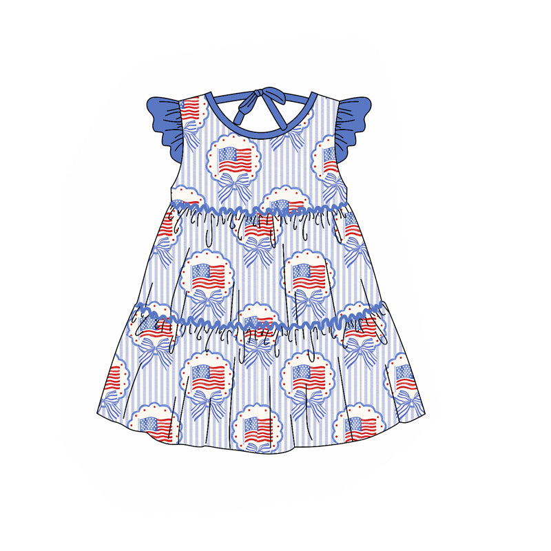 MOQ 5 PCS preorder GSD3724 4th of July Flag Bows Stripe Blue Flying Sleeve Dresses for Girls 202601