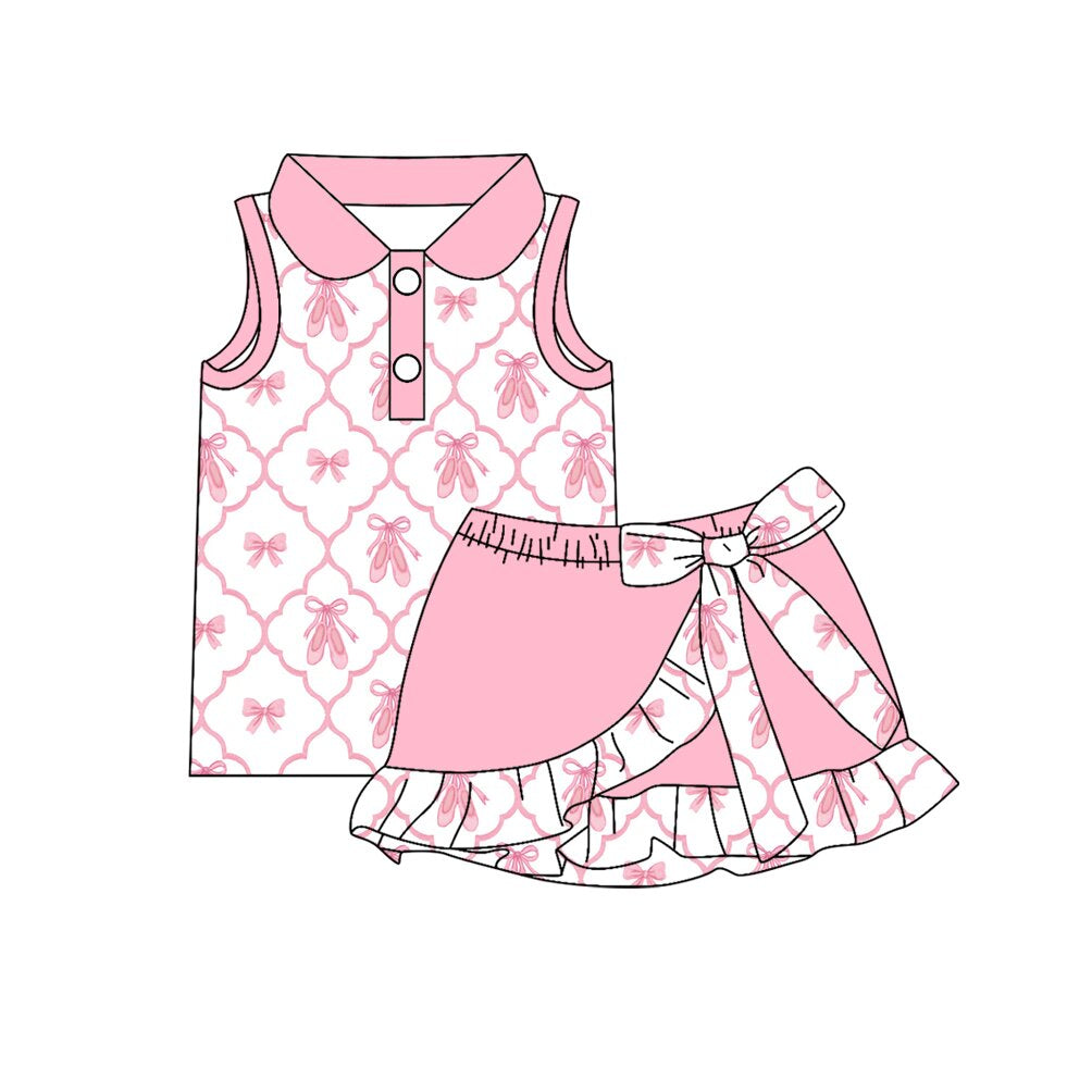 MOQ 5 preorder GSD3726 Ballet Shoes Bows Pink Polo Sleeveless Top with Skirts for Girls Yoga Sets 202601