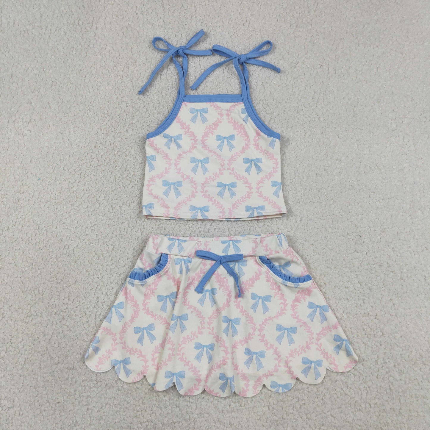 GSD3727 Blue Bows Halter Top with Skirts for Girls Yoga Sets 202605 RTS
