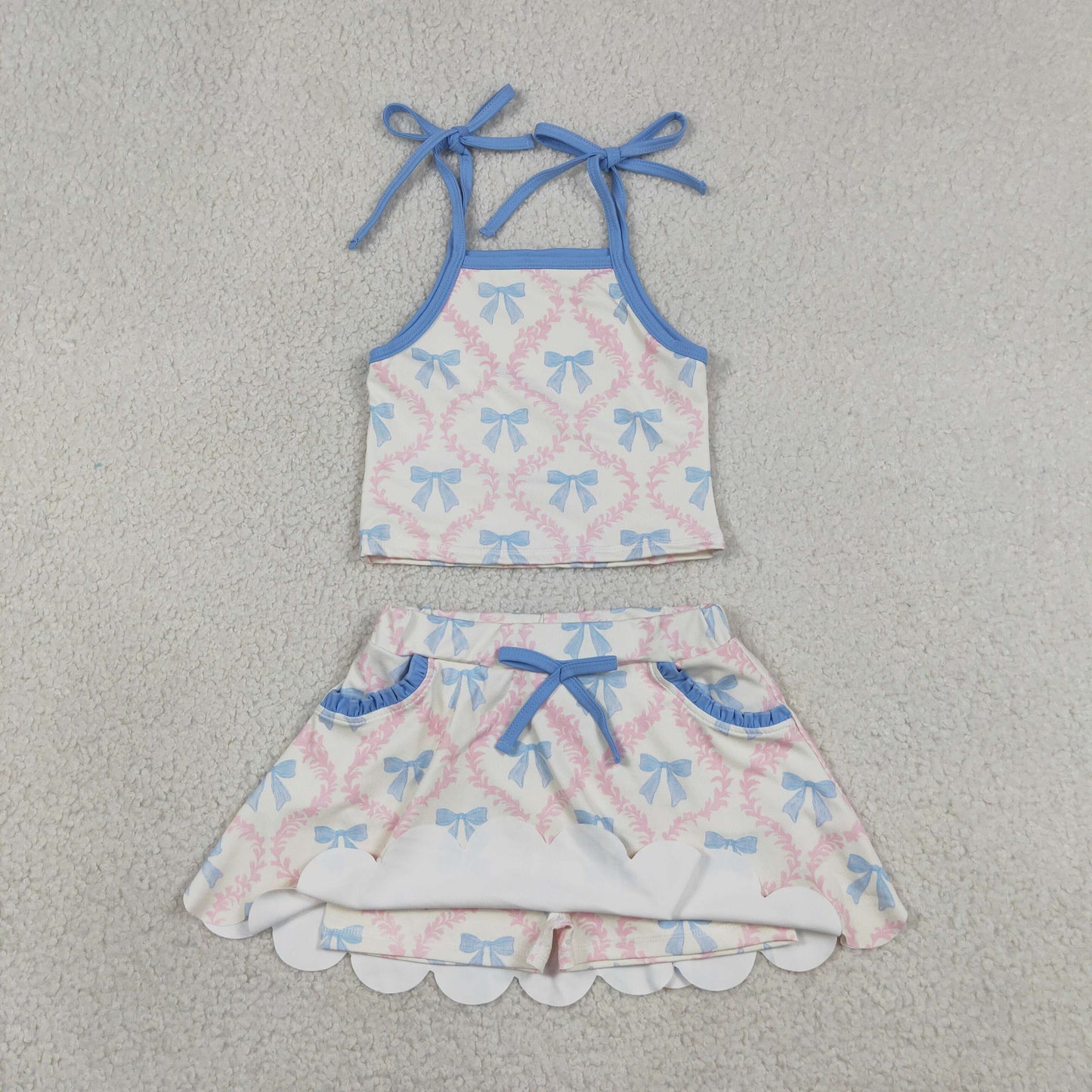 GSD3727 Blue Bows Halter Top with Skirts for Girls Yoga Sets 202605 RTS