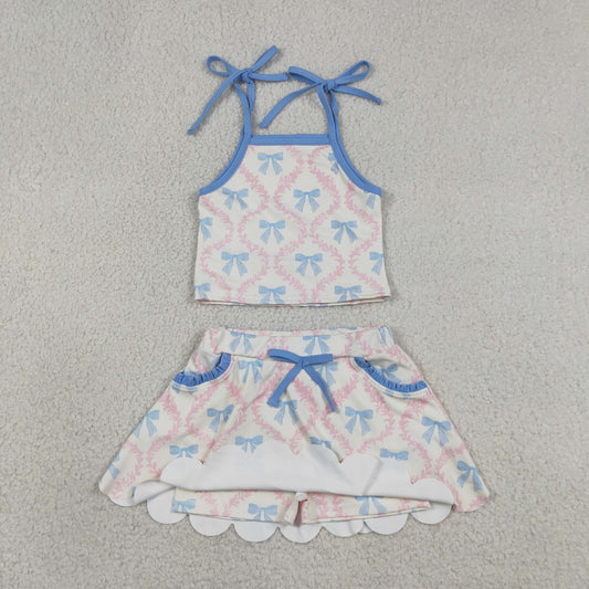 GSD3727 Blue Bows Halter Top with Skirts for Girls Yoga Sets 202605 RTS