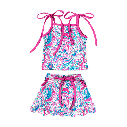 MOQ 5 preorder GSD3728 Seaweed Pattern Rose Red Halter Top with Skirts for Girls Yoga Sets 202601