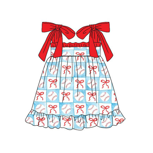 MOQ 5 PCS preorder GSD3729 Baseball Plaid Bows Red Ruffle Sleeveless Dresses for Girls 202601