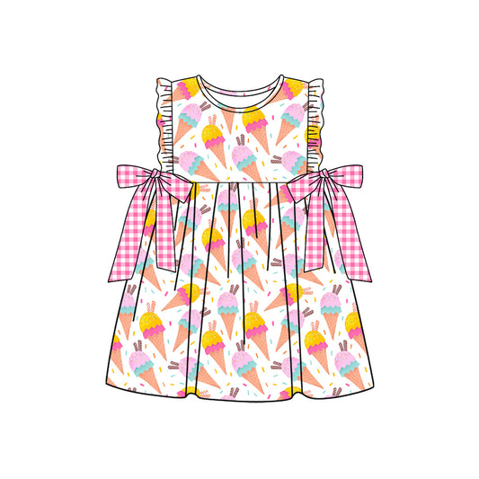 MOQ 5 PCS preorder GSD3731 Ice Cream Pink Plaid Bow White Ruffle Sleeveless Dresses for Girls 202601